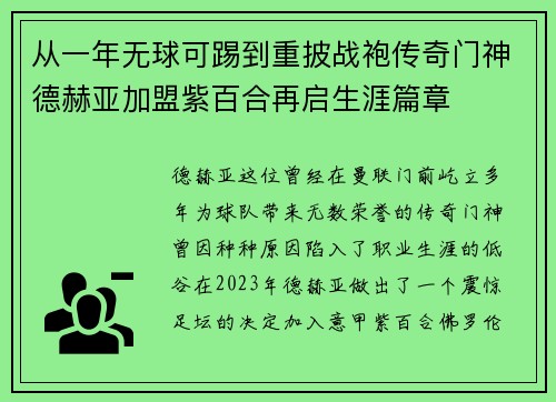 从一年无球可踢到重披战袍传奇门神德赫亚加盟紫百合再启生涯篇章
