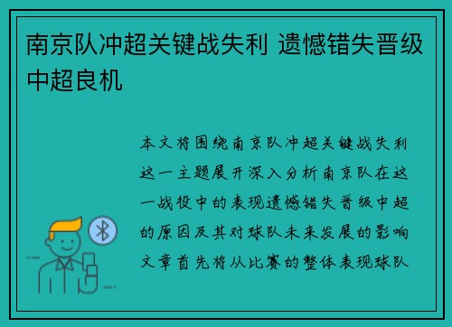 南京队冲超关键战失利 遗憾错失晋级中超良机 南京队冲超关键战失利 遗憾错失晋级中超良机