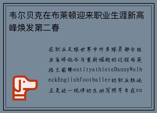 韦尔贝克在布莱顿迎来职业生涯新高峰焕发第二春 韦尔贝克在布莱顿迎来职业生涯新高峰焕发第二春